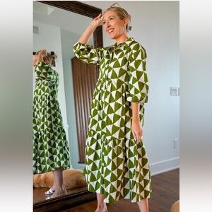 Anthropologie Maeve Bettina,Green 
In Traingles,Cotton Shirt Dress, Size
M